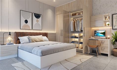 small bedroom interior design with wardrobe and study table