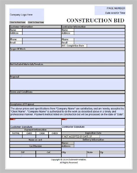 small business bid form template