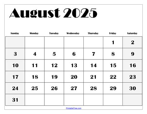Small Printable August Calender