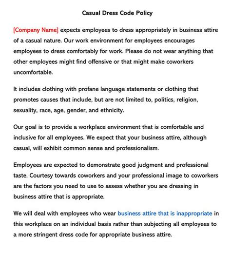 Smart Casual Dress Code Policy Sample