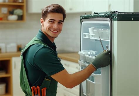Smiling technician fixing refrigerator
