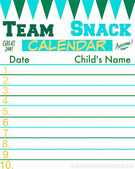 Snack Schedule Template Printable
