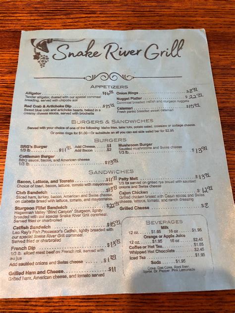 snake river grill hagerman idaho menu