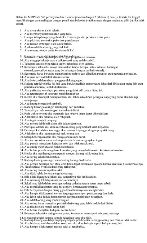 Daftar Kunci Jawaban 567 Soal Tes Psikologi Mmpi