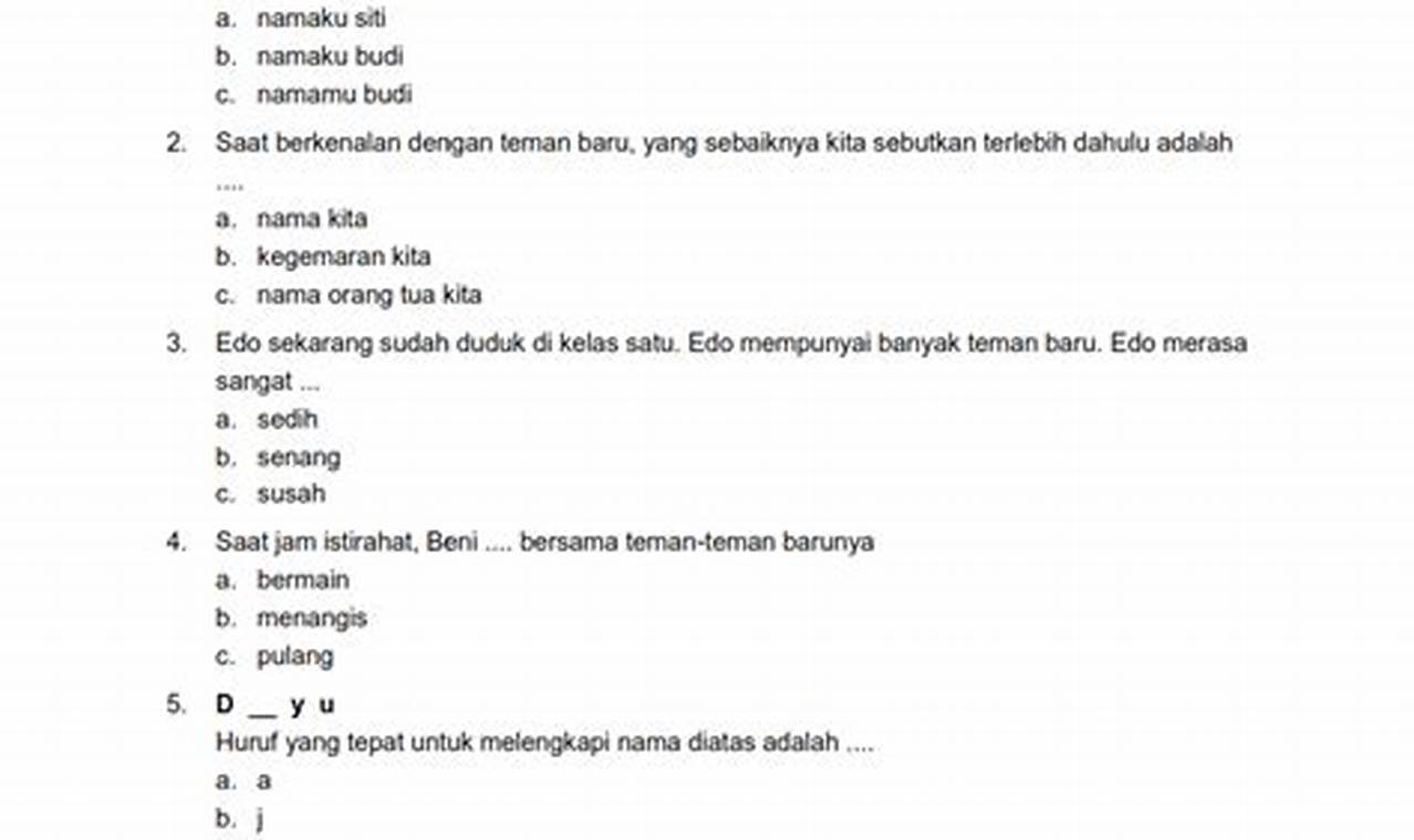 soal tematik kelas 1 tema 1 subtema 2