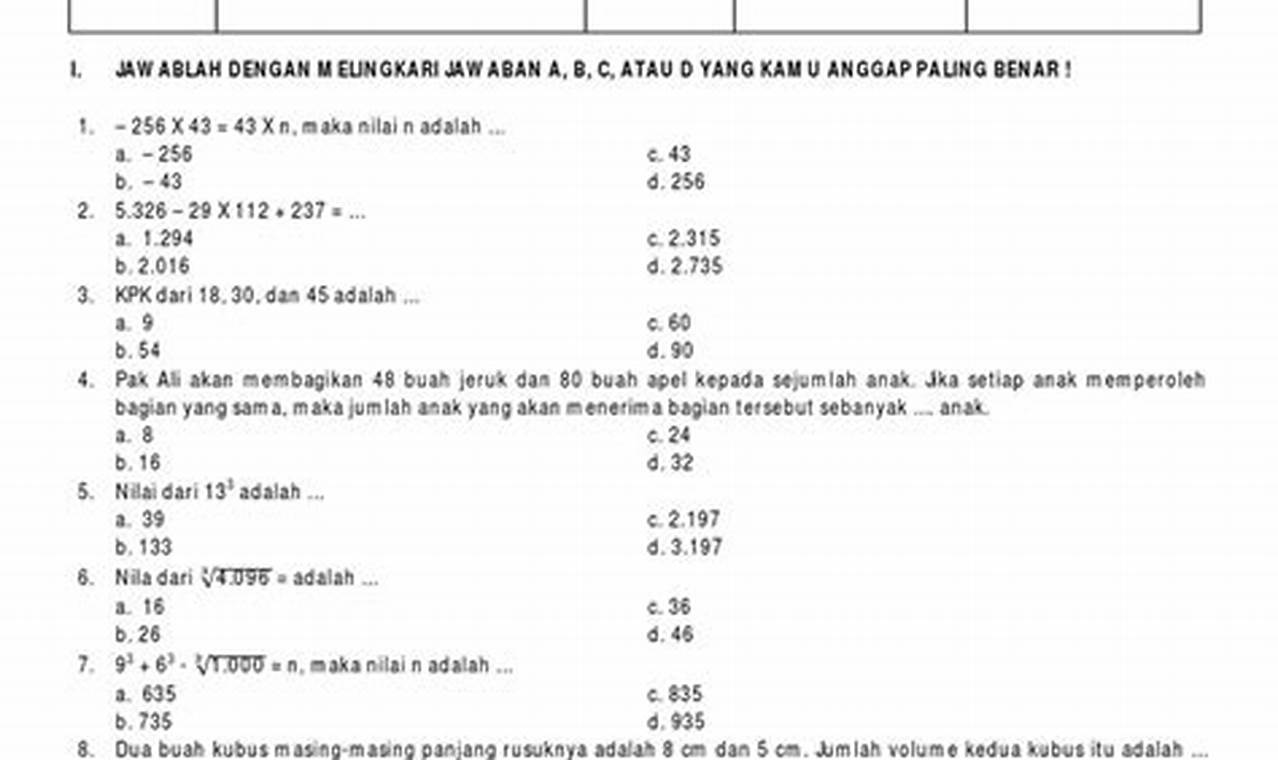 soal uts matematika kelas 6 sd semester 1