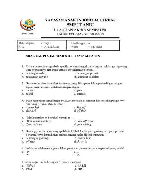Soal Penjaskes SMP Kelas 9 Semester 2 dan Kunci Jawaban