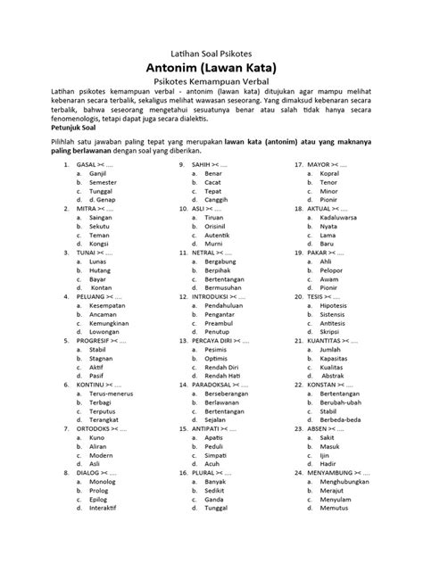 soal psikotes antonim