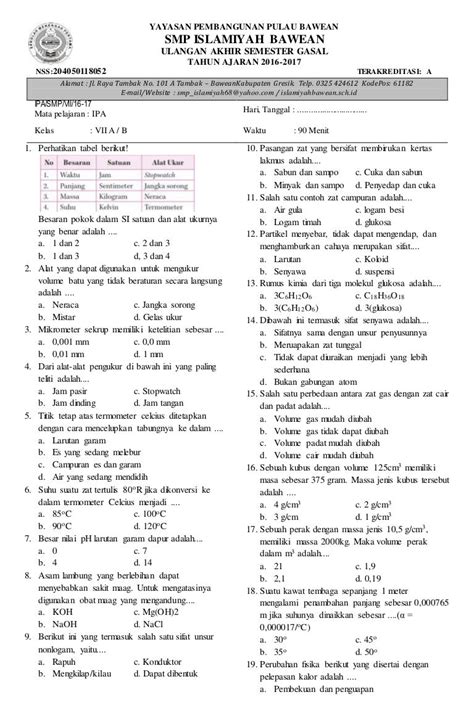 soal ulangan ipa kelas 7 semester 2