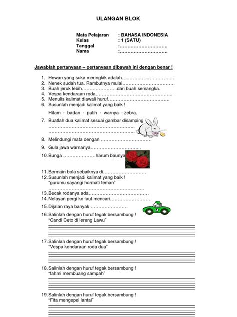 soal uts bahasa indonesia kelas 1 sd semester 1