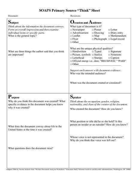 Soaps Primary Source Think Sheet