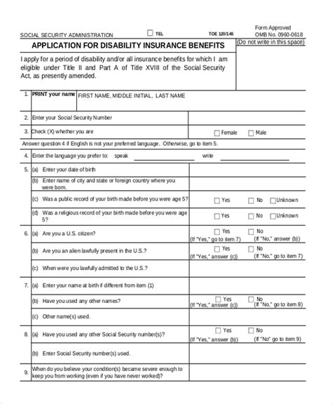 Social Security Disability Application Printable Form