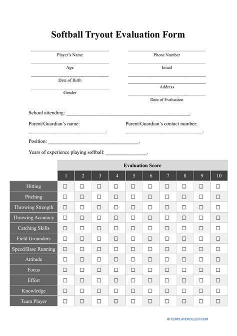softball tryout evaluation form template