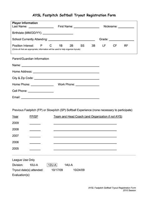 softball tryout registration form template