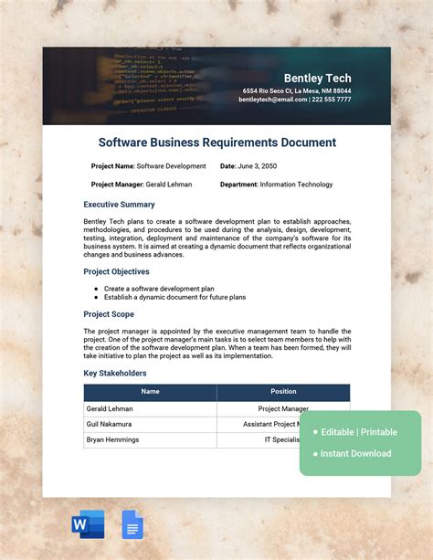 software business requirements template