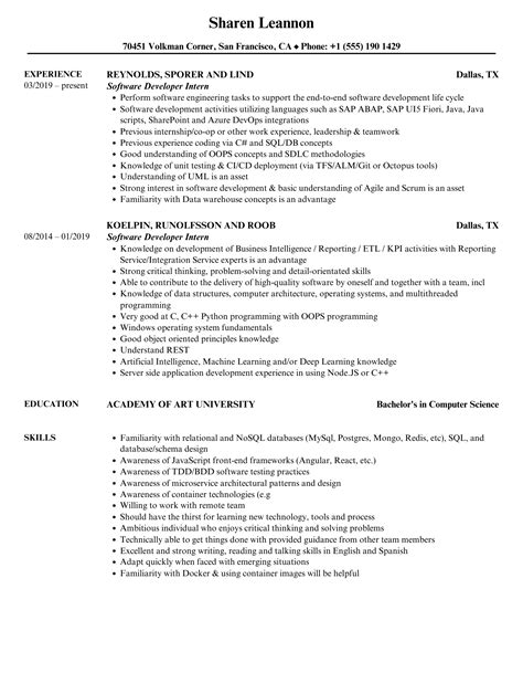 software developer intern resume template
