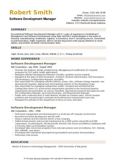 software development manager resume examples