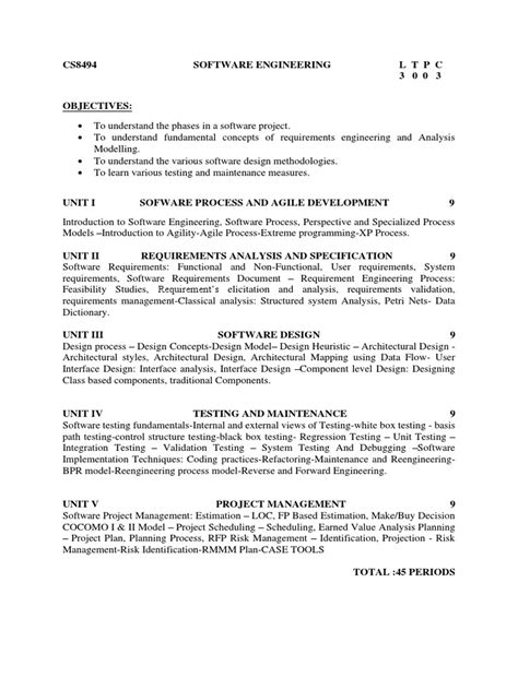 software engineering and testing syllabus