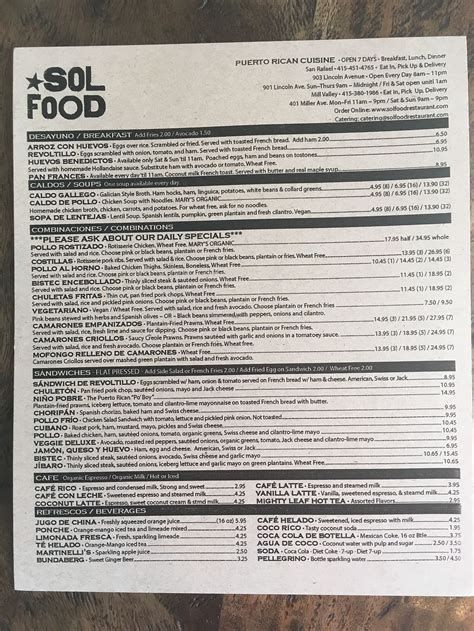 Sol Food Printable Menu