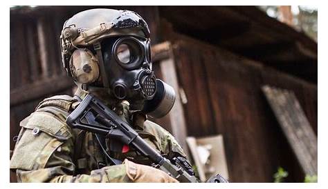 Portrait Young Soldier Wearing Gas Mask Stock Photo 107412731
