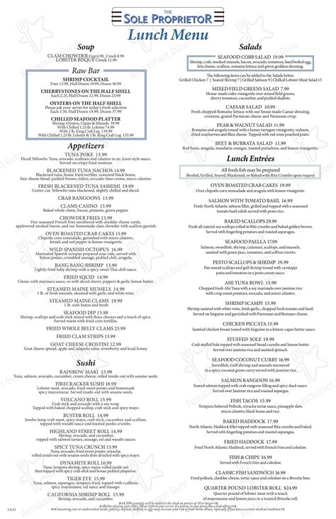 Sole Proprietor Lunch Menu