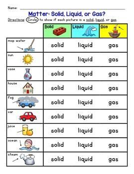 solid liquid gas worksheet kindergarten