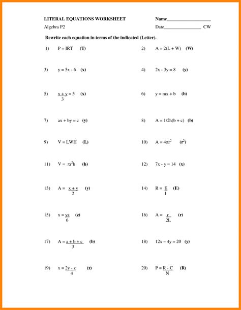 solve literal equations worksheet