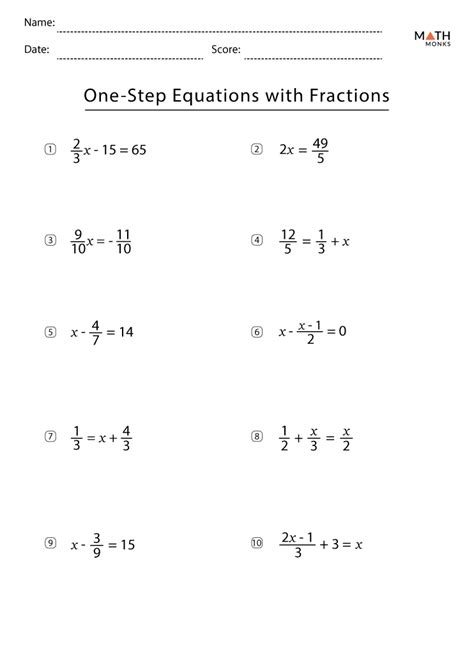 solve one step equations with fractions worksheet