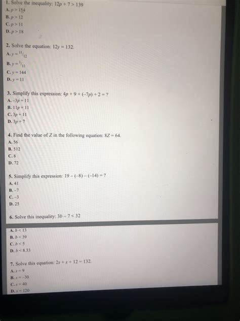 Solved 1. Solve the inequality 12p+7> 139 B. p> 12 C.p>11