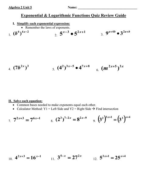 solving exponential equations worksheet algebra 2