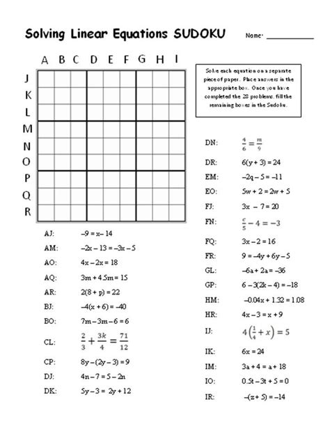 solving linear equations sudoku worksheet answers