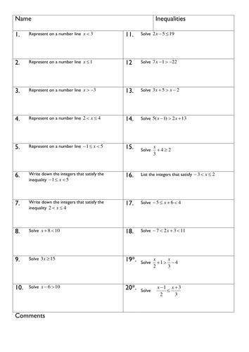 solving linear inequalities worksheet tes