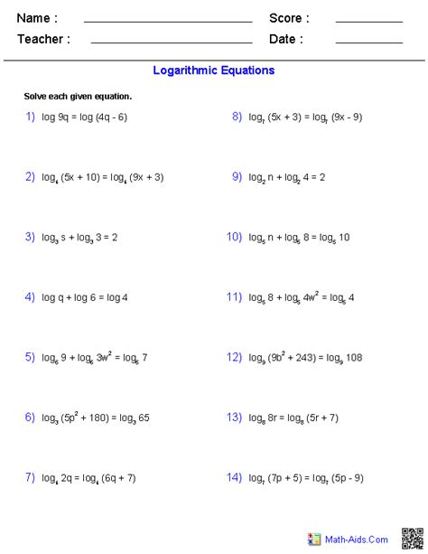 solving logarithmic equations worksheet algebra 2