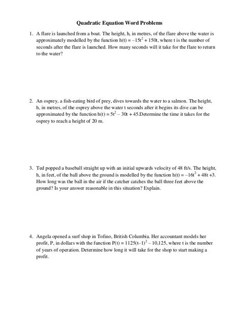 solving quadratic equations word problems worksheet pdf