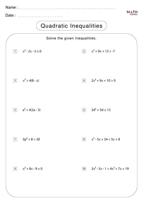 solving quadratic inequalities worksheet doc