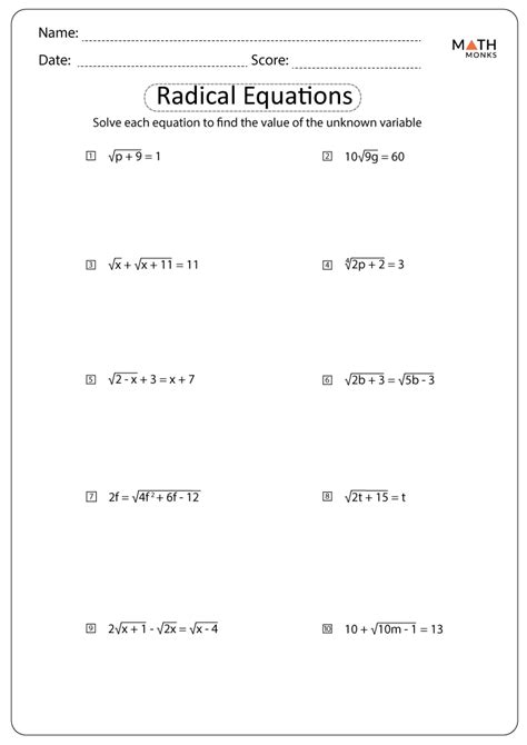 solving square root and other radical equations worksheet
