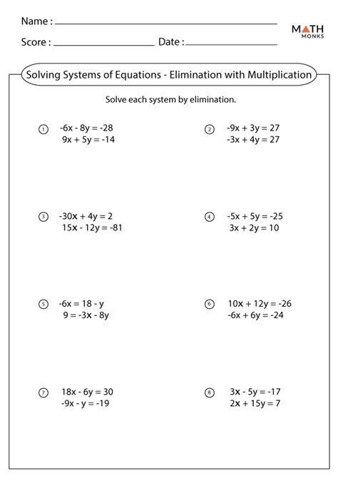 solving system of equations by elimination with multiplication worksheet