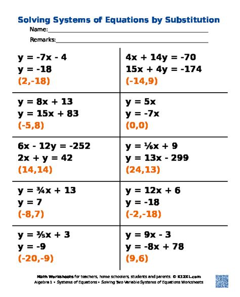 solving systems of equations worksheet answer key