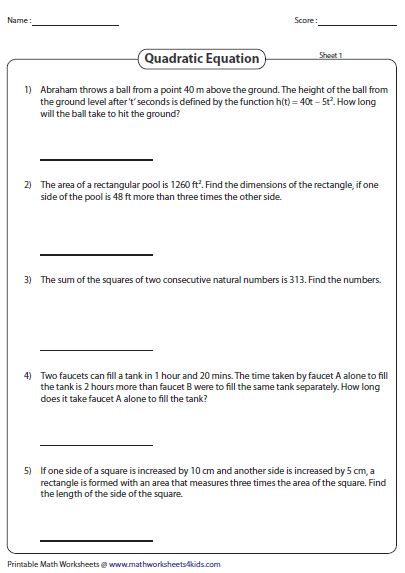 solving word problems with quadratic equations worksheet answers