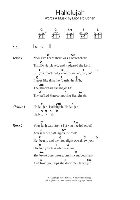 song hallelujah chords and lyrics for guitar