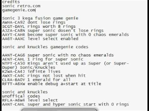 sonic 3 cheat codes game genie