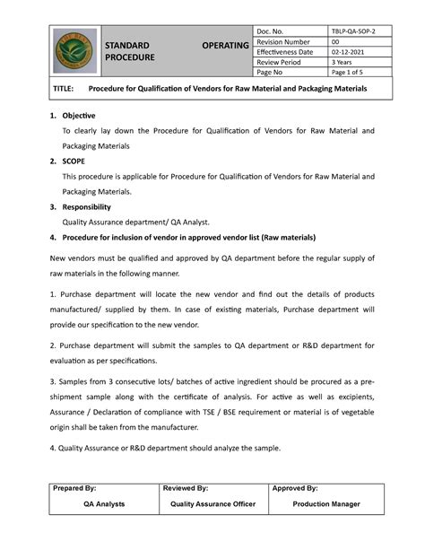 sop for finished product specification