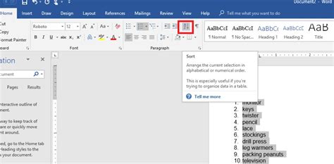 sort list a to z in word