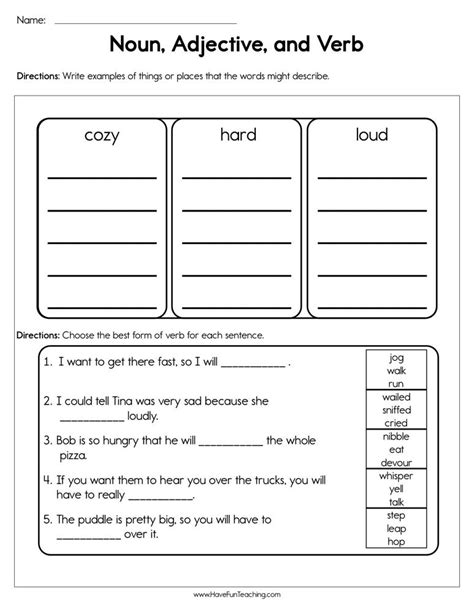 sorting nouns verbs and adjectives worksheet