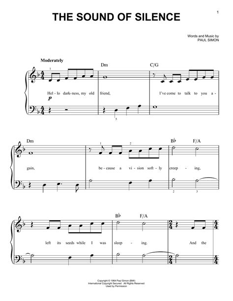 sound of silence piano sheet music easy