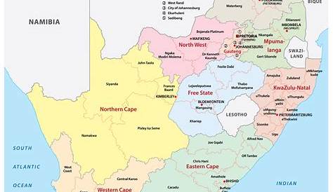 South Africa Map Countries And Capitals Of Provinces; Key Cities Marked Out