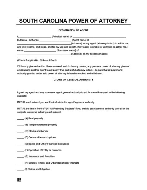 Free South Carolina Durable Power of Attorney Form PDF Word