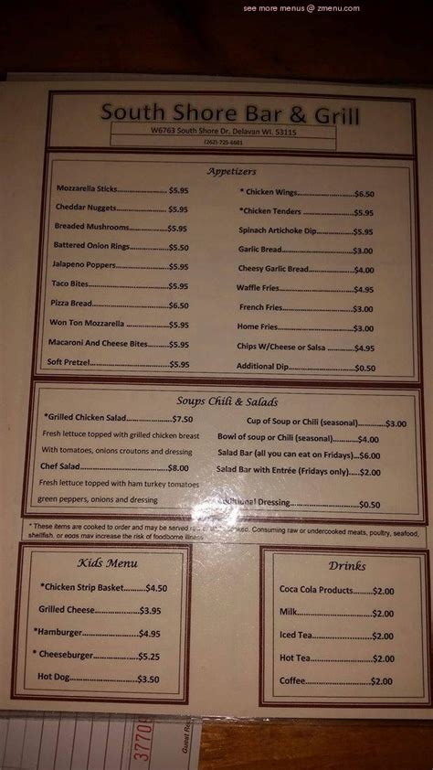 south shore bar and grill delavan wi menu