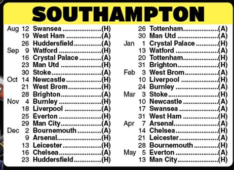 southampton football club fixture list