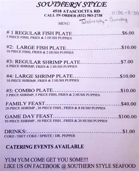 southern style seafood menu